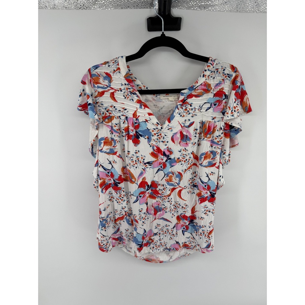 Meadow Rue Anthropologie Floral Pintuck V-Neck Flutter Sleeve Blouse White Small
